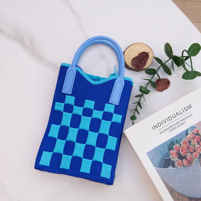 Portable Small Cloth Bag Cross-Border New Arrival Fashion Plaid Knitted Tote Bag Versatile Leisure Phone Bag Women's Shoulder Bag