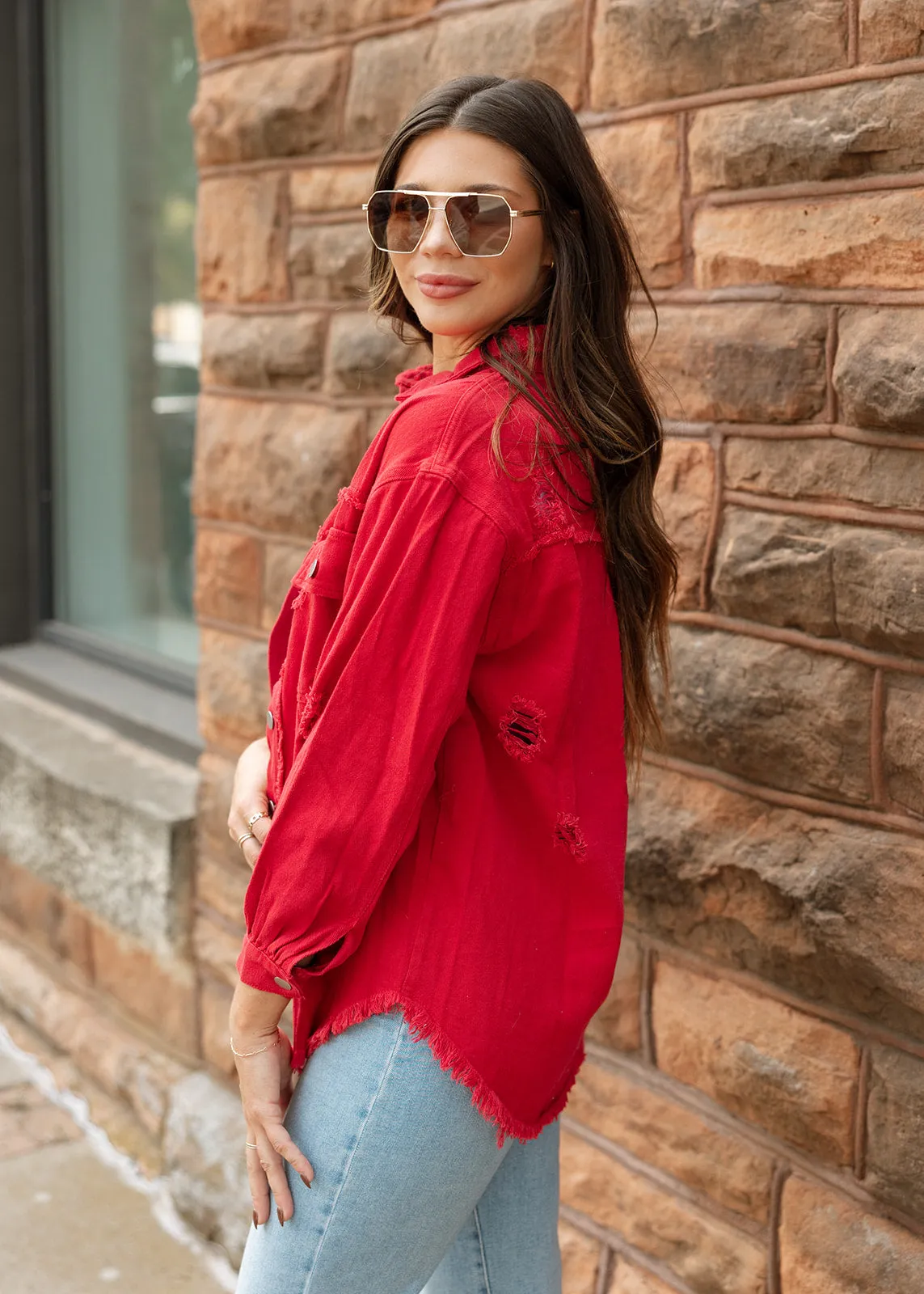 Red Tattered Denim Jacket